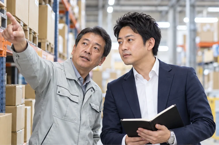 物流倉庫の棚の前で、お客さまの担当者と話す営業の社員