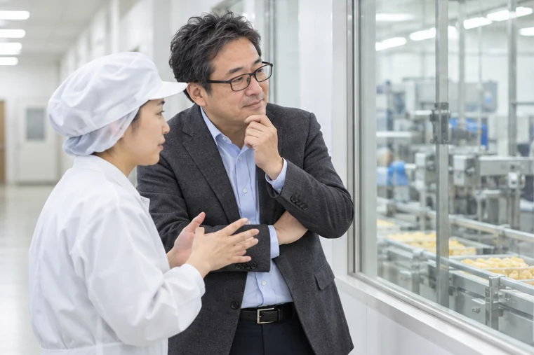 食品工場の見学通路で、工場の担当者と製造ラインを見るプロジェクトマネージャー